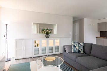 Living room with gray sofa. Modern room and white walls