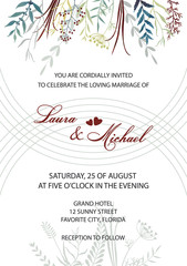 Wedding invitation. Card, template for the invitation. Delicate background of lines and flowers. Leaves, twigs, herbs.