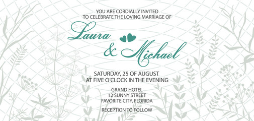 Wedding invitation. Card, template for the invitation. Delicate background of lines and flowers. Leaves, twigs, herbs.