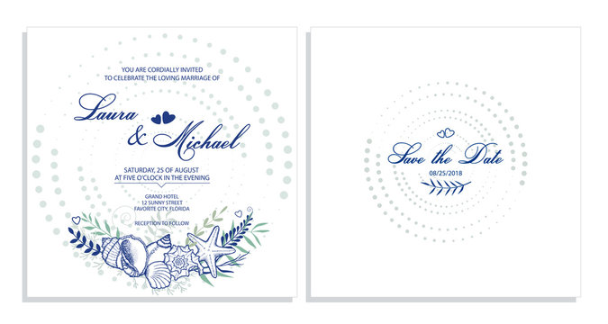 Wedding invitation. Card, template for the invitation. Frame of dots, seashells, leaves and flowers.
