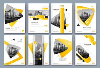 Abstract binder layout. White a4 brochure cover design. Fancy info text frame. Creative ad flyer font. Title sheet model set. Modern vector front page. Elegant city banner. Yellow figures icon fiber
