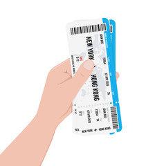 Realistic airline ticket design with passenger name in hand. Vector illustration