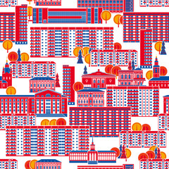 City seamless pattern. Panel high-rises and old historic houses are bright red and blue. Vector full color graphics © Евгений Казанцев
