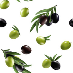 Fototapety  Wektor wzór z dojrzałe oliwki czarne i zielone na białym. Projekt tła dla oliwy z oliwek, kosmetyków naturalnych. Najlepsze do papieru pakowego.