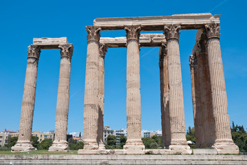 The ancient temple of Olympius Zeus or Olympion, near the Acropolis of Athens, Greece / May 2019. 
