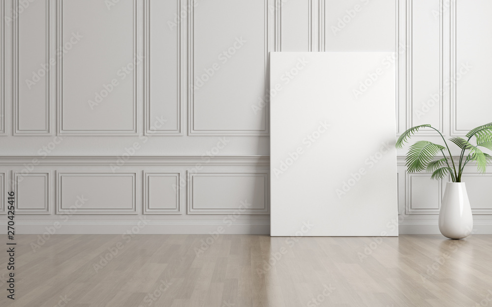 Poster mock-up of picture canvas frame with small plant in vase on white classic wall. perspective of moder