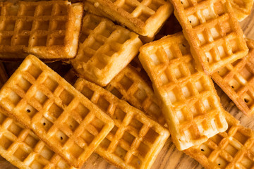 Close up of  belgian waffles with strawberries on the table 