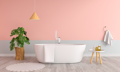 Naklejka na ściany i meble Pink bathroom interior bathtub, 3D rendering