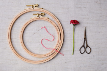 Embroidery set. White linen fabric, embroidery hoop, threads and needls and scissors. Copy space