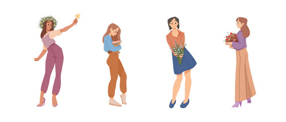 Beautiful women holding a bouquets of flowers in hands. Summer, mothers day, happy women s day. 8 March.