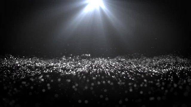 Fantasy White Organic,Animation of Glow Point Floating Dust ain Air and Optical Flares on Black Background.