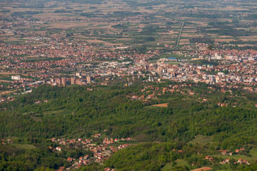 Panorama of Loznica seen from the mountain Gucevo. City of Loznica in west Serbia aerial view.