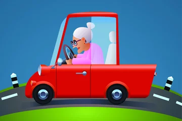Muurstickers Old woman drive a red car alone cartoon character illustration. © 0sart
