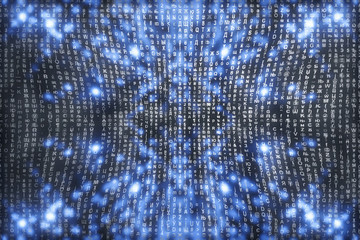 Blue matrix digital background. Abstract cyberspace concept. Characters fall down. Matrix from symbols stream. Virtual reality design. Complex algorithm data hacking. Cyan digital sparks.