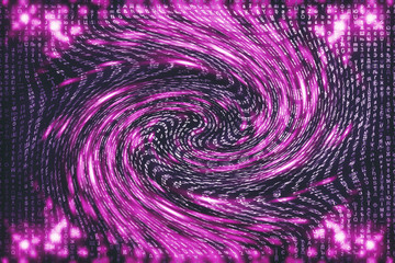 Pink matrix digital background. Distorted cyberspace concept. Characters fall down in wormhole. Hacked matrix. Virtual reality design. Complex algorithm data hacking. Pink digital sparks.