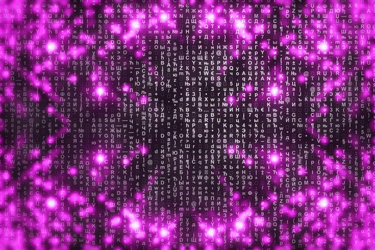 Pink matrix digital background. Abstract cyberspace concept. Characters fall down. Matrix from symbols stream. Virtual reality design. Complex algorithm data hacking. Pink digital sparks.