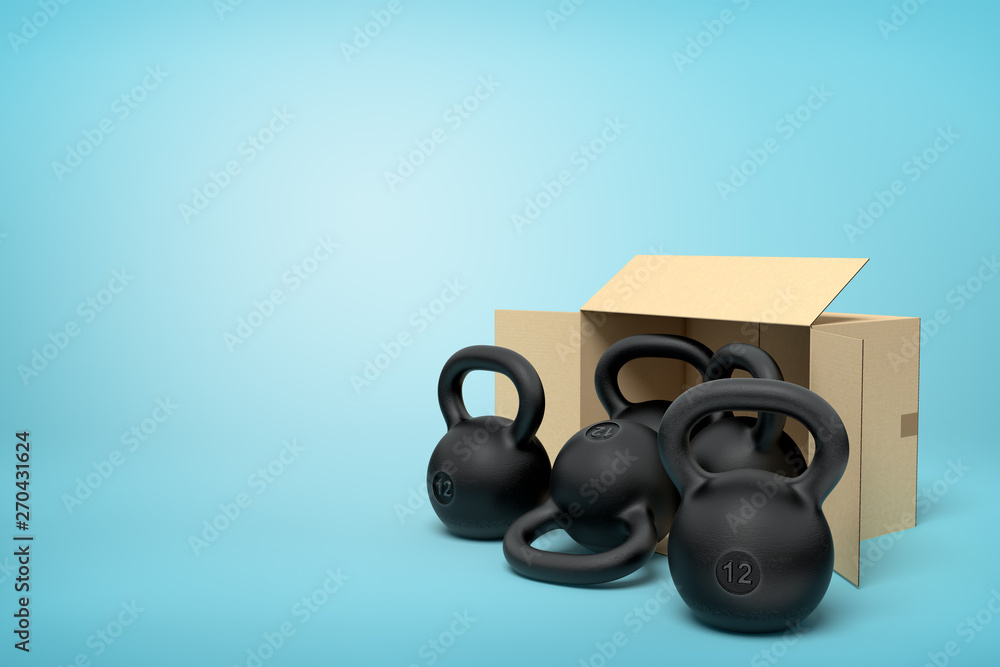 Aufkleber 3d rendering of several black kettlebells near open cardboard box that is lying sidelong on light-bl