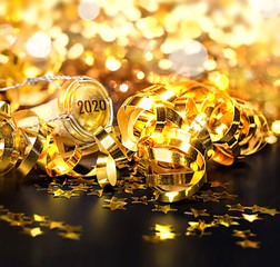 Happy New Year. 2020 New Year concept on champagne cork. New Year event scene. cork stopper of...