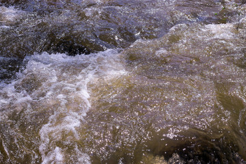 Dirty mountain river. Dirty water in river after rain.
