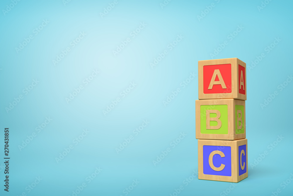 Poster 3d rendering of alphabet toy blocks on blue background.