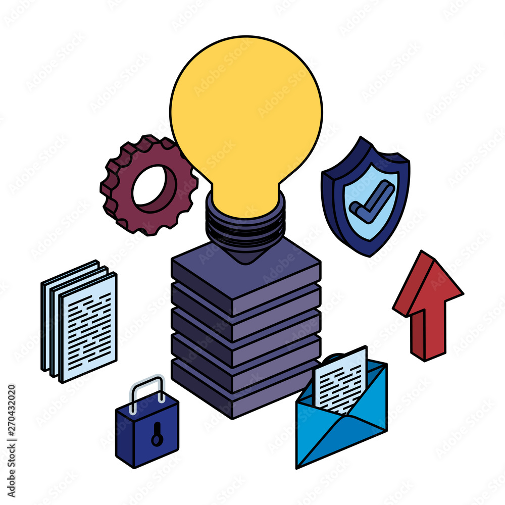 Poster server tower with bulb and data center icons