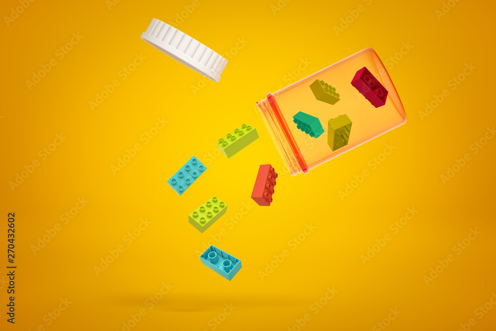 Poster 3d rendering of colorful toy blocks pieces falling from a plastic jar on yellow background