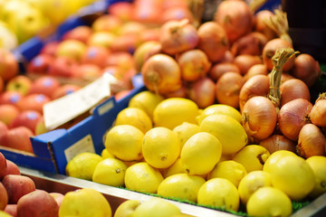 Assorted organic fruits sold on a marketplace in Genoa, Italy