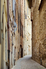 Beautiful medieval cobblestone streets of Bergamo city, Italy.