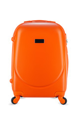 Travel orange suitcase isolated on white background. Close-up.