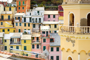 Fototapeta na wymiar Bell tower of The Santa Margherita di Antiochia Church in Vernazza, one of the five centuries-old villages of Cinque Terre, Italian Riviera, Italy.