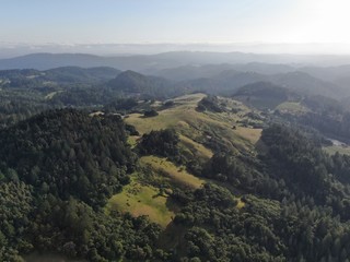 Aerial view of the verdant hills with trees in Napa Valley during summer season. Napa County, in California’s Wine Country, Part of the North Bay region of the San Francisco Bay Area. Vineyard area.