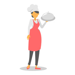 Woman chef in red apron holding dish.