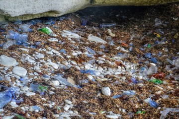 Polluted coastline with plastic, polyethylene, plastic bottles and trash, environmental issues, massive pollution of the oceans and seas, ecological disaster of the 21st century