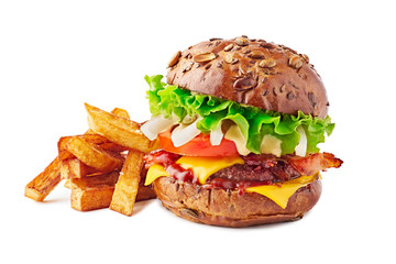 Hamburger with brown bun and french fries on white