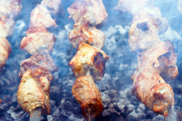 Raw meat roasting on hot coals in the grill.