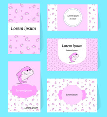 Set Pink baby shark girl card for birthday. Cartoon character fish. Template with spase for text. Print for invitation flyer, decoration party, baby shower. Vector for kid. delicate pattern