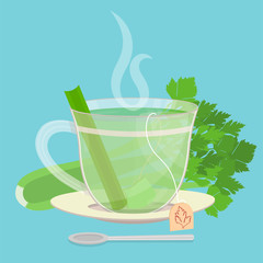 Cup of celery tea. Tea sachet with celery behind the saucer. Piece of celery inside the cup. Smoke on the drink. Spoon in front of cup.