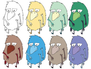 Funny cartoon colored write hand made draw doodle monster aliens birds