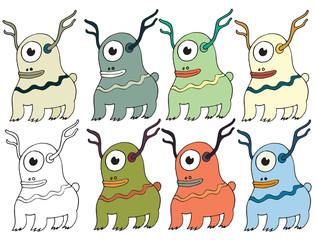 Funny cartoon colored write hand made draw doodle monster aliens deers
