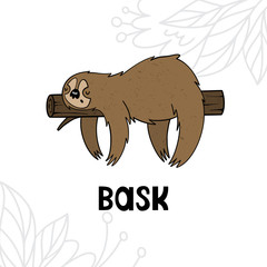 Vector illustration of a sloth in a tree on a background of flowers. Texture, hand drawn, cartoon style...