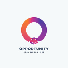 Opportunity Abstract Vector Sign, Symbol or Logo Template. Hand Shake Incorporated in Letter O Concept.