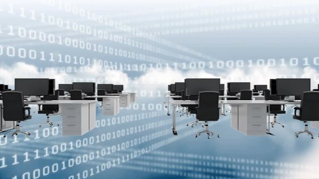 Digital desktops scrolling on a sky background with data scrolling