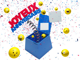 Joyeux anniversaire  Happy birthday in French box surprise - 3d render - Path save