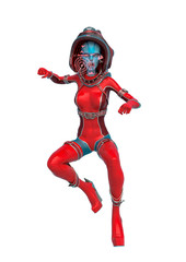 alien queen in a red sci fi outfit doing a frontal punch in a white background