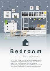 Interior background of modern kids bedroom with wooden bunk bed , vector , illustration
