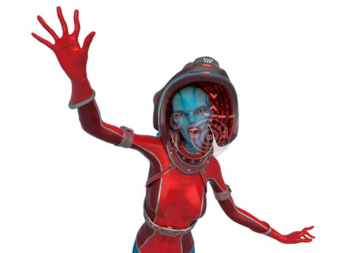 alien queen in a red sci fi outfit is giving a scare in a white background