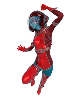 alien queen in a red sci fi outfit running out in a white background