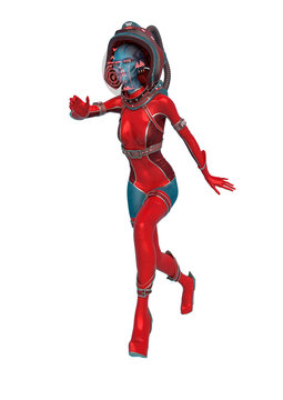 alien queen in a red sci fi outfit running in a white background