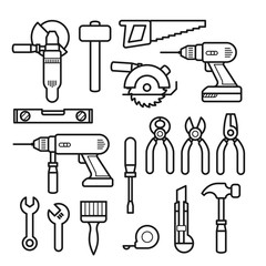 Work tools line icons - puncher, drill, wrench, plane, saw, pliers and construction tools kit