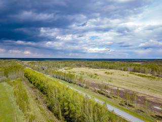 Fototapeta na wymiar Aerial view of a landscape with a highway in a field among green trees under a gray sky with clouds before the rain outside the city with fresh air and nature. Natural products